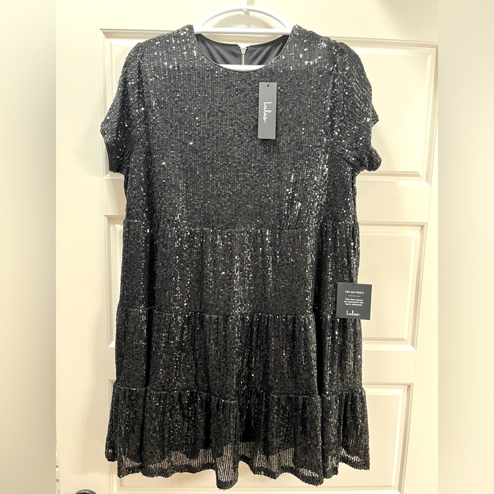 Lulus Black Sequin Tiered Mini Shift Dress